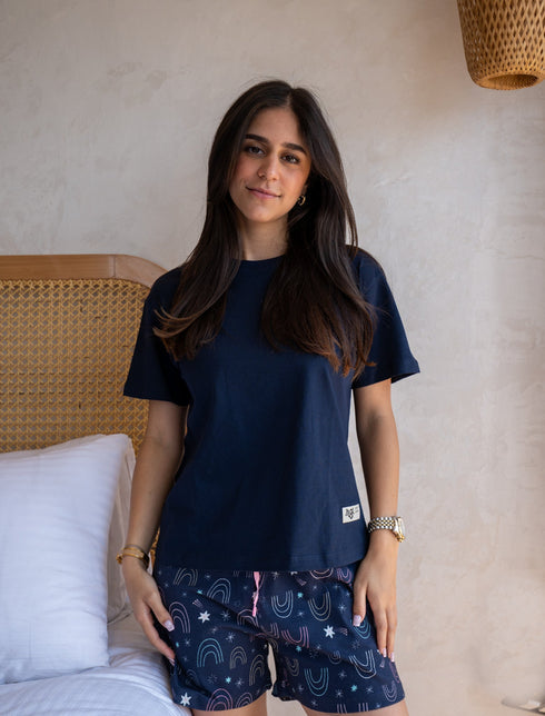 Women Summer Pajama set Dark Blue T-shirt + Stars Shorts